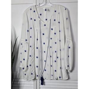 Kaktus Nautical Embroidered Stars Peasant Top Size M Tassels White Blue Festive